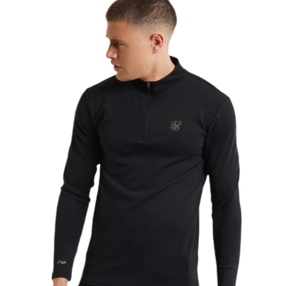NWT SikSilk L/S Quarter‎ Zip Performance Top - Black & Gold Size XS